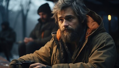 Obraz premium Man drinking coffee at camping 