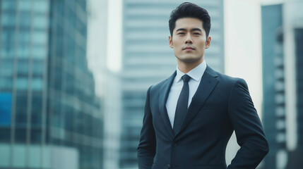 Fototapeta premium Businessman in suit near office buildings. Corporate and business advertising