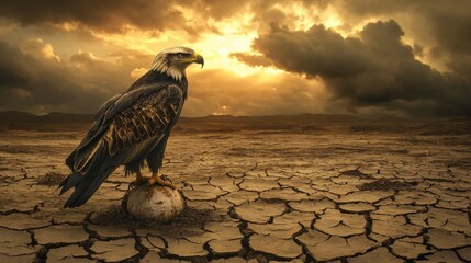 A weakened eagle on a dried-up target in a barren wasteland, dramatic lighting, desolate landscape, cracked earth, somber colors, sense of loss 