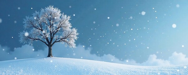 Snowflakes gently fall around a lone tree in the frozen landscape, solitary tree, frosty landscape, cold climate