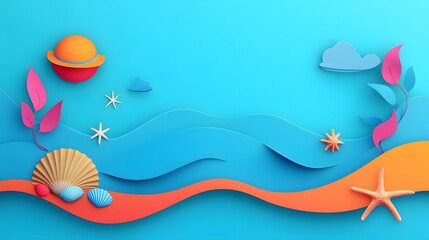 Vibrant summer background featuring sunhat, seashells, and starfish near gentle waves