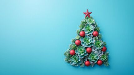 Fototapeta premium A creatively made Christmas tree from cacti and succulents with red baubles, against a solid icy blue background in the spirit of New Year