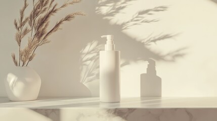 A minimalist setting featuring a white pump bottle and a vase with dried plants casting shadows.