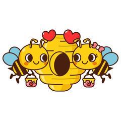 Cute Cartoon Bees with Heart and Honey Jars