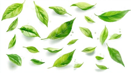 Falling Green Leaves on White Background