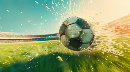 Fototapeta premium Powerful Soccer Ball Strike on Grass Field