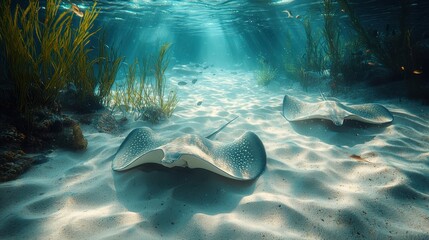 Serene Underwater Realm: Spotted Eagle Rays Grace Sandy Ocean Floor