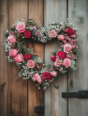Heart Shaped Rose Wreath on Rustic Wooden Door