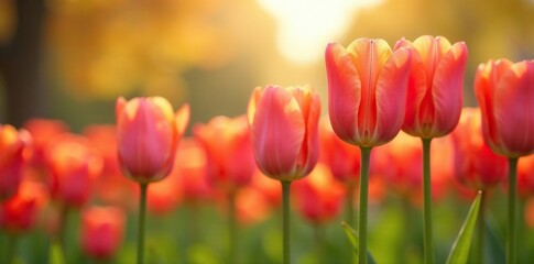 Obraz premium Tall tulips sway gently in the breeze amidst warm tones, tulips, warmth