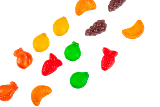 Fruit flavored worm shape, jelly candies. Isolated on transparent background. - Powered by Adobe
