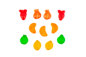 Fruit flavored worm shape, jelly candies. Isolated on transparent background.