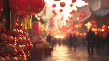 A bustling street adorned with red lantern and decorations, celebrating a festive atmosphere.