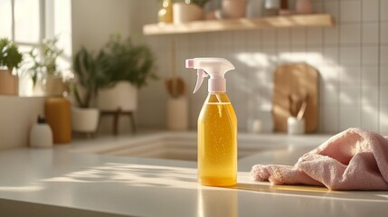 A cleaning spray bottle sits on a countertop beside a pink cloth in a sunlit kitchen.