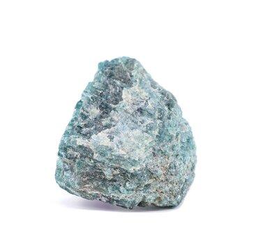 Raw blue Apatite on white background.	It is used for industrial purpose but also as gemstone