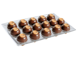 Buckeyes Peanut butter buckeye candies dipped in chocolate, arranged on transparent plate.