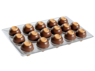 Buckeyes Peanut butter buckeye candies dipped in chocolate, arranged on transparent plate.