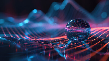 Spherical Object on Futuristic Digital Wave Grid