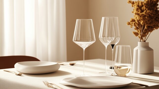 A stylish dining table set with elegant glassware and minimalist decor.