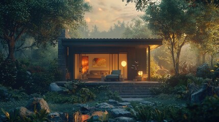 Serene forest cabin at sunset, open living space, cozy interior.