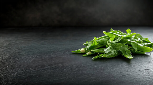 Fresh green peas and parsley on black slate background. Organic food menu design