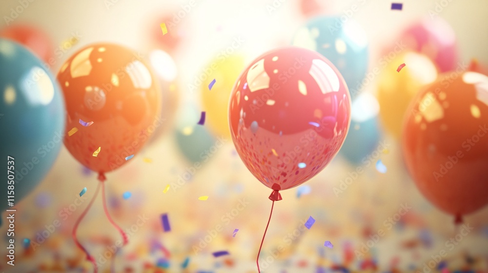 Poster Colorful balloons floating with falling confetti creating festive atmosphere