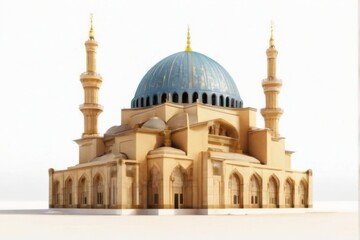 Fototapeta premium Ornate 3D Rendering of Traditional Islamic Mosque with Dome, Minarets, Arches, Columns, Symmetrical Design, and White Background
