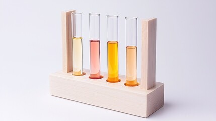 A photostock of a set of glass test tubes filled with colorful liquids