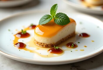 Close up of caramel custard cream with cream and mint leaf topping. Beautiful dessert food photography with selective focus treatment.
