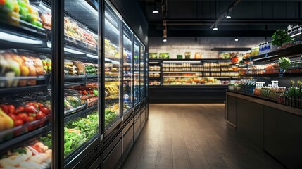 A well-stocked grocery store interior showcasing fresh produce and packaged goods.