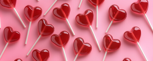 Red hearts shaped lollipops on stick on pink background, flat lay, Valentine's Day concept
