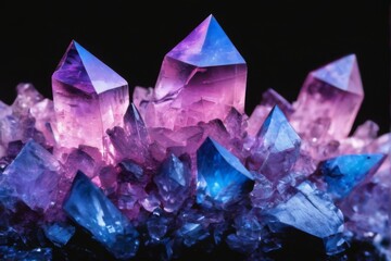 Fototapeta premium Mystical Pyramid of Purple, Blue, and Pink Crystals on Black Background