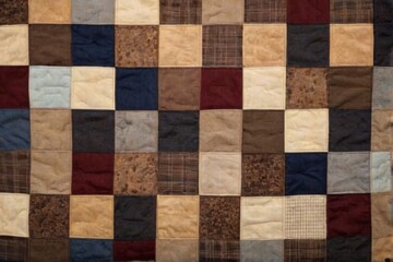 Fototapeta premium Patchwork quilt of various colors and textures in gridlike pattern, ranging from light to dark browns, creating cozy design.