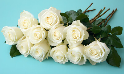 Obraz premium Elegant arrangement of fresh white roses against a blue backdrop Minimalist floral design , Generative AI 
