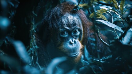 Orangutan peering from lush foliage.