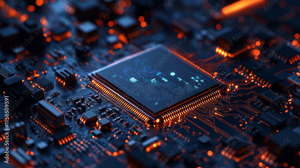 Poster abstract technology ai computing chipset on circuit board concept working data of artificial intelli