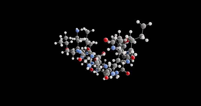 Colistin molecule, rotating 3D model of antibiotic, looped video on a black background