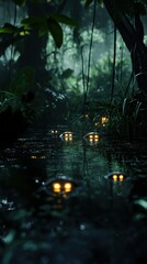 A chilling close-up of a dark pond in the Forbidden Forest, with glowing eyes peering just beneath the surface. 