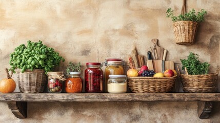 A rustic shelf displaying jars and baskets of fruit, vegetable, and herb for preservation.