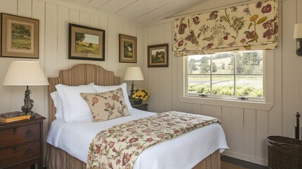 Cozy Country Bedroom with Floral Bedding and Pastoral View