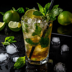 Refreshing mojito cocktail with fresh lime slices, vibrant mint leaves, and ice cubes in a chilled glass, perfect for summer parties, tropical celebrations, and relaxing vacations