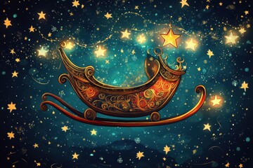 Vibrant and Ornate Sleigh Against a Starry Night Sky with Glittering Stars, Perfect for Holiday Decorations and Festive Backgrounds