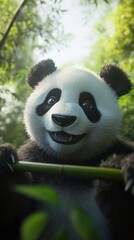 Obraz premium A realistic photo of a panda taking a selfie with a bamboo stick, high-quality camera, with color grading and hyper-realism. 