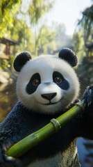 Obraz premium A realistic photo of a panda taking a selfie with a bamboo stick, high-quality camera, with color grading and hyper-realism. 