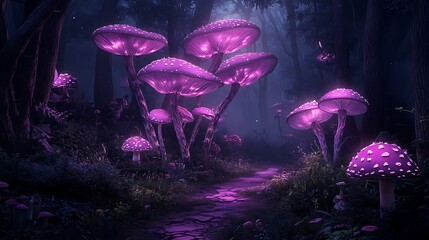 Glowing Purple Mushrooms Illuminate a Dark Forest Path - 3D Render AI Generated