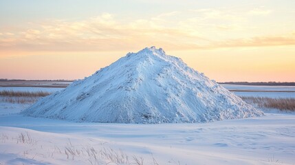 Snow pile at sunset in a snowy field.