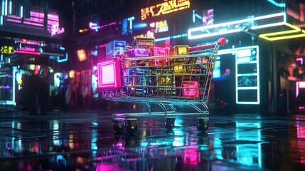 Fototapeta premium Neon city street with shopping cart full of boxes.