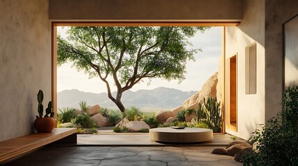 Desert Oasis: 3D Render of Modern Home with Panoramic Mountain View AI Generated