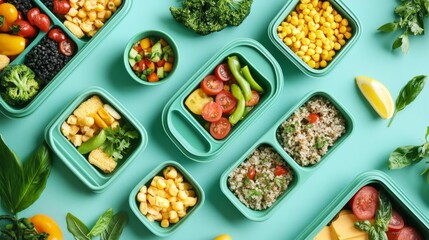 Fototapeta premium Colorful meal prep container filled with fresh vegetable and grain on a teal background.