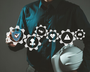 Safety and compliance concept at work. Businessman with icons of safety at work, compliance, risk management and operational efficiency, emphasizing the importance of safety standards.