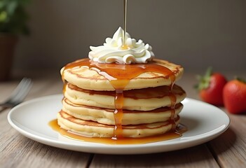 A stack of fluffy pancakes topped with sweet syrup and butter
